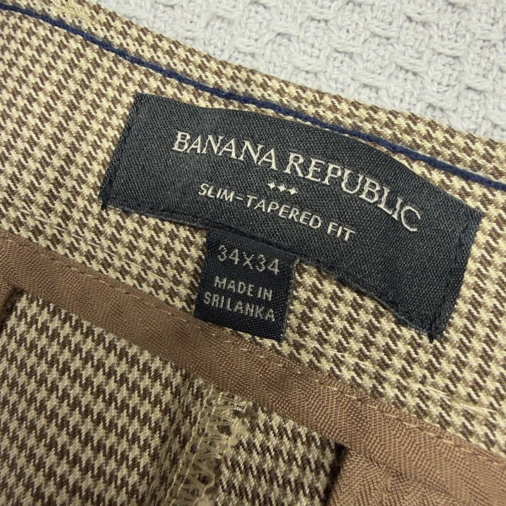 Banana Republic Pants Mens 34x34 Slim Tapered Houndstooth Tan Brown Preppy Retro